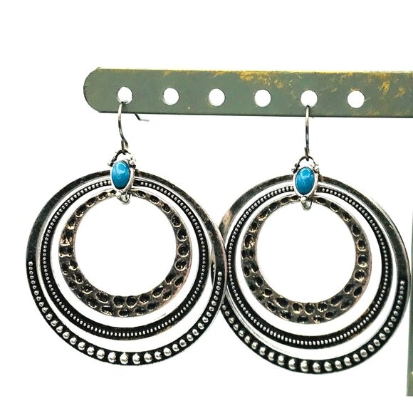 Bohemian Vintage-Style Silver-Tone Hoop Earrings With Blue Stone Accents  by Pre - Picture 4 of 6